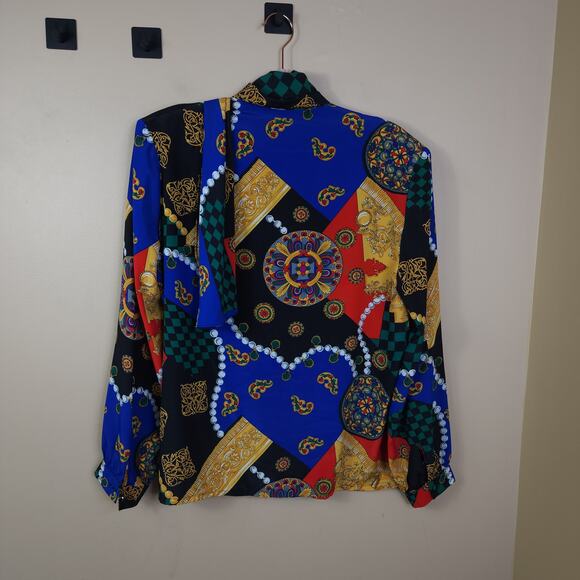 Vintage Sateen Long Sleeve Printed Bow Blouse Size 16 - Picture 7 of 12